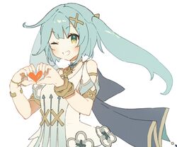  1girl aqua_hair aqua_pupils armlet arrow_print black_capelet blunt_bangs blush capelet clothing_cutout cowlick double-parted_bangs dress erua_(_8eru) faruzan_(genshin_impact) genshin_impact green_eyes grin hair_between_eyes hair_ornament heart heart_hands jewelry neck_ring one_eye_closed short_sleeves shoulder_cutout smile solo symbol-shaped_pupils triangle-shaped_pupils twintails white_background white_dress white_sleeves wristlet x_hair_ornament 