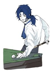  1boy ascot ball billiard_ball billiards blue_ascot chesed_(project_moon) collared_shirt cowboy_shot highres library_of_ruina male_focus pants ponytail project_moon shirt simple_background solo white_background white_shirt yellow_eyes zygyzy_031 