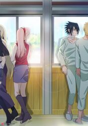  2boys 3girls absurdres bandages black_eyes black_hair blue_sky closed_mouth haruno_sakura highres hospital_gown hyuuga_hinata indoors kneepits long_hair long_sleeves multiple_boys multiple_girls naruto_(series) naruto_shippuuden niku_(ni23ku) ninja purple_skirt red_shirt shirt short_hair skirt sky sleeveless sleeveless_shirt slippers spiky_hair standing toeless_footwear tree uchiha_sasuke uzumaki_naruto walking window yamanaka_ino 