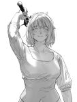  1girl absurdres arm_at_side arm_up backlighting blush breasts closed_mouth collarbone dungeon_meshi facing_viewer falin_touden greyscale highres il_2539 incoming_attack korean_commentary large_breasts mace monochrome shirt short_hair simple_background sketch sleeves_rolled_up smile solo spiked_mace spikes twitter_username upper_body weapon 