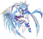  1girl :d animal_ears ark_order artist_request bare_shoulders blue_bow blue_bowtie blue_flower blue_hair blue_ribbon bow bowtie dress elbow_gloves fingerless_gloves flower frilled_dress frills full_body gloves gold_trim horse_ears horse_tail leg_ribbon long_hair low_twintails mechanical_wings official_art pegasus_(ark_order) ribbon shoes sidelocks sleeveless sleeveless_dress smile solo tachi-e tail thigh-highs tiara transparent_background twintails very_long_hair white_dress white_gloves white_thighhighs wing_hair_ornament wings wrist_cuffs yellow_eyes 