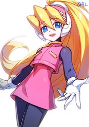  1girl black_bodysuit blonde_hair blue_eyes bodysuit bodysuit_under_clothes ciel_(mega_man) helmet high-waist_skirt high_ponytail highres long_hair looking_at_viewer mega_man_(series) mega_man_zero_(series) ohil_(ohil822) open_mouth pink_helmet pink_shirt pink_skirt shirt simple_background skirt sleeveless sleeveless_shirt smile solo teeth upper_teeth_only white_background 