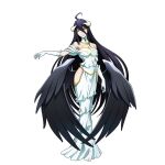  1girl ahoge albedo_(overlord) bare_shoulders black_hair black_wings breasts demon_girl demon_horns dress feathered_wings gloves hair_between_eyes horns large_breasts long_hair official_art overlord_(maruyama) smile solo white_dress white_gloves wings yellow_eyes 