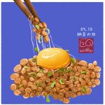  artist_logo artist_name blue_background chopsticks dated egg_(food) egg_yolk food food_focus food_request highres no_humans original yuki00yo 