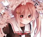  1girl amot_211 blush cherry_blossoms flower hair_ornament hair_ribbon hairclip harusame_(kancolle) hat highres kantai_collection looking_at_viewer pink_hair red_eyes ribbon sailor_collar side_ponytail smile solo 