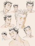  1boy black_hair bokuto_koutarou brown_background chengongzi123 chinese_commentary closed_mouth grey_hair grin haikyuu!! highres looking_at_viewer looking_back looking_to_the_side male_focus multicolored_hair multiple_views open_mouth portrait sharp_teeth short_hair simple_background smile streaked_hair teeth thick_eyebrows tongue tongue_out uneven_eyes very_short_hair yellow_eyes 