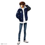  brown_hair casual denim gundam gundam_seed gundam_seed_destiny gundam_seed_freedom highres hood hooded_jacket jacket jeans kira_yamato official_art open_clothes open_jacket pants shirt streetwear violet_eyes white_background white_shirt white_sneakers 