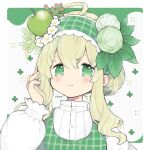  1girl ahoge blonde_hair blush closed_mouth dress flower food fruit green_eyes green_hairband hair_bun hair_flower hair_ornament hairband hand_up long_sleeves looking_at_viewer original plaid puffy_long_sleeves puffy_sleeves shamo3 shirt signature smile solo upper_body white_flower white_shirt 