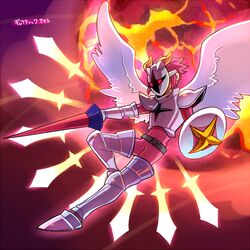  1boy angel_wings armor belt belt_buckle black_belt bodysuit breastplate buckle covered_mouth cuisses demon_horns feathered_wings fighting_stance full_body galacta_knight gauntlets grey_footwear holding holding_polearm holding_shield holding_weapon horns kirby's_return_to_dream_land kirby_(series) lance looking_ahead male_focus mato_(mozu_hayanie) pauldrons personification pink_bodysuit pink_eyes pink_hair planet polearm sabaton shield short_hair shoulder_armor solid_eyes solo spread_wings star_(symbol) translation_request weapon white_mask white_wings wings yellow_horns 