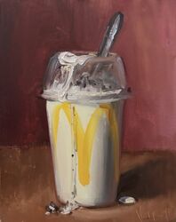  commentary cup disposable_cup english_commentary food food_focus highres ice_cream lid logo mcdonald&#039;s melting melting_ice_cream no_humans noahverrier oil_painting_(medium) oreo painting_(medium) red_background signature spoon still_life table traditional_media 