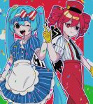  2girls ;d apron asameyayo39 black_eyes black_necktie blue_dress blue_hair blue_sky bow closed_mouth clouds collared_shirt commentary_request confetti cowboy_shot dress drill_hair empty_eyes gloves hand_up hat hatsune_miku highres index_finger_raised kasane_teto long_hair looking_at_viewer mesmerizer_(vocaloid) multiple_girls necktie nervous_smile nervous_sweating one_eye_closed open_mouth pants puffy_short_sleeves puffy_sleeves red_bow red_eyes red_hat red_pants redhead sharp_teeth shirt short_sleeves sidelocks sky smile striped_bow striped_clothes striped_dress striped_shirt sweat teeth tongue tongue_out twin_drills twintails utau visor_cap vocaloid waist_apron white_apron white_shirt yellow_gloves 