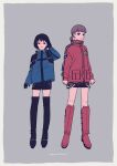  2girls alternate_costume arashiyama_squad&#039;s_uniform arms_at_sides badge black_gloves black_shorts blunt_bangs bob_cut boots border closed_mouth full_body gloves grey_background grey_hair hair_flip hand_in_own_hair hand_up jacket kazama_squad&#039;s_uniform knee_boots kobayakawa_an long_sleeves looking_at_viewer mikami_kaho mnmikwt multiple_girls pocket ponytail red_footwear red_jacket short_hair short_shorts shorts simple_background smile standing thigh_boots uniform world_trigger 