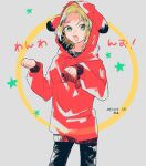  1boy 61_rokuichi animal_ear_hood black_pants blonde_hair bright_pupils commentary_request copyright_name cowboy_shot dated drawstring green_eyes highres hood hood_up hoodie long_sleeves male_focus open_mouth pants parted_bangs paw_pose print_hoodie red_hoodie saibou_shinkyoku shinano_eiji short_hair smile solo star_(symbol) translation_request white_pupils 