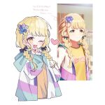  1girl ;d atrdlll blonde_hair blush braid cropped_torso fang flower fujita_kotone gakuen_idolmaster hair_flower hair_ornament hair_ribbon heart hood hooded_jacket idolmaster jacket long_hair long_sleeves multicolored_clothes multicolored_jacket official_art_inset one_eye_closed reference_inset ribbon shirt smile solo twin_braids upper_body w yellow_shirt 