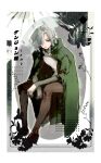  1boy arms_on_knees bags_under_eyes black_eyes boots cloak dungeon_meshi elf gorget green_cloak grey_hair hair_over_one_eye highres hood hooded_cloak long_sleeves male_focus mithrun notched_ear pointy_ears short_hair sitting solo thigh_boots tunic ty-papapa wavy_hair 