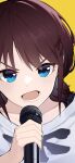  1girl blue_eyes blush brown_hair chinese_commentary commentary_request girls_band_cry highres holding holding_microphone iseri_nina microphone music open_mouth shirt short_twintails simple_background singing solo twintails upper_body white_shirt yellow_background yun_cao_bing 