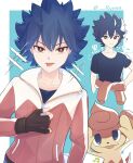  1boy ? absurdres aqua_background black_shirt blue_hair bright_pupils brown_eyes clothes_around_waist commentary_request fingerless_gloves gloves highres hugh_(pokemon) jacket jacket_around_waist looking_at_viewer male_focus multiple_views musical_note pansear pokemon pokemon_(creature) pokemon_bw2 ryusa_(gjgd7445) shirt short_hair spiky_hair t-shirt tongue tongue_out twitter_username zipper_pull_tab 
