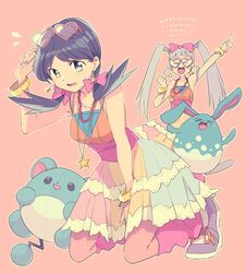  >_< 2girls alternate_costume animal_ears animal_nose azumarill bangle bead_necklace beads blue_eyes blue_hair blue_skirt blush bow bracelet crystal_(pokemon) dress earrings embarrassed eyewear_on_head flying_sweatdrops hair_bow hand_up heart heart-shaped_eyewear highres index_finger_raised jewelry kneeling kris_(pokemon) leg_warmers long_hair marill matching_outfits mirei_(pokemon) mother_and_daughter multicolored_clothes multicolored_skirt multiple_girls necklace open_mouth pink_background pink_bow pink_sash pink_skirt pokemon pokemon_adventures pokemon_gsc pokemon_hgss rabbit_ears sash skirt smile star_(symbol) star_earrings star_necklace stuffed_animal stuffed_toy twintails yellow_skirt yui_ko 