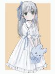  1girl bird blue_ribbon blush border buttons closed_mouth collared_dress dot_nose dove dress frilled_dress frills green_eyes grey_hair hair_ribbon highres holding holding_stuffed_toy long_dress long_hair looking_at_viewer original ribbon short_sleeves solo standing stuffed_animal stuffed_rabbit stuffed_toy waramugu white_border yellow_background 