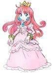  1girl absurdres blue_eyes bracelet crown dress earrings gold_bracelet highres jewelry long_hair pink_dress princess_shokora puffy_short_sleeves puffy_sleeves rakugaki_shitagari-ya redhead short_sleeves simple_background smile sphere_earrings wario_land wario_land_4 white_background 