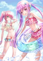  2girls aikawa_megumi bikini blue_sky clouds cloudy_sky goto_p green_eyes heaven_burns_red kunimi_tama lifebuoy long_hair multiple_girls pink_eyes pink_hair sky striped_bikini striped_clothes swim_ring swimsuit twintails two_side_up 