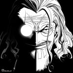  1boy aboude_art artist_name beard black_eyes closed_mouth facial_hair glasses instagram_logo instagram_username limited_palette looking_at_viewer male_focus medium_hair one_piece round_eyewear scar scar_across_eye scar_on_face signature silvers_rayleigh smile solo white_hair 