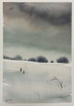  2others bare_tree building clouds cloudy_sky forest grey_sky highres hill house mouen_tw multiple_others nature original painting_(medium) scenery sky snow traditional_media tree watercolor_(medium) 