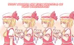  4girls :| ascot blonde_hair clone closed_mouth commentary crystal english_commentary flandre_scarlet four_of_a_kind_(touhou) frilled_wrist_cuffs frills hat lunatic_gun meme mob_cap multiple_girls multiple_persona one_side_up pointy_ears puffy_short_sleeves puffy_sleeves red_eyes red_skirt red_vest reisen_udongein_inaba short_sleeves skirt touhou trust_nobody_not_even_yourself_(meme) vest white_hat wrist_cuffs yellow_ascot yoruny 