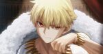  1boy aora blonde_hair bracelet cape closed_mouth commentary_request fate/stay_night fate_(series) fur-trimmed_cape fur_trim gilgamesh_(fate) hair_between_eyes head_rest jewelry looking_at_viewer male_focus necklace red_eyes shirt short_hair slit_pupils smile solo upper_body white_shirt 