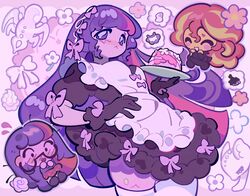  2girls apron black_gloves blonde_hair blunt_bangs blush bow cake chibi closed_eyes colored_skin couple curly_hair food frilled_apron frilled_gloves frills glasses gloves hair_bow hair_down hands_up highres holding light_blush long_hair looking_to_the_side maid maid_apron multicolored_hair multiple_girls my_little_pony my_little_pony:_equestria_girls my_little_pony:_friendship_is_magic no_eyewear open_mouth orange_skin plate purple_background purple_hair purple_skin redhead sci-twi short_sleeves smile standing sunset_shimmer_(human) teeth thick_thighs thigh-highs thighs violet_eyes white_thighhighs yanyannonoz yuri 