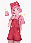 1girl absurdres aendi_en_d_endei animal_hat blue_eyes blunt_bangs blush bob_cut child colored_eyelashes finger_to_own_chin hat highres kirby kirby&#039;s_dream_land kirby_(series) looking_at_viewer nail_polish personification pink_hair pink_shirt pink_t-shirt red_t-shirt shirt short_hair shorts signature smile standing star_(symbol) suspender_shorts suspenders t-shirt upper_body white_background
