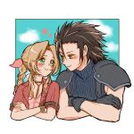  1boy 1girl aerith_gainsborough armor bangle black_gloves black_hair blue_eyes blue_sky blush border bracelet braid braided_ponytail brown_hair closed_mouth clouds cloudy_sky couple crisis_core_final_fantasy_vii cropped_torso cross_scar crossed_arms dress earrings final_fantasy final_fantasy_vii final_fantasy_vii_rebirth final_fantasy_vii_remake gloves green_eyes hair_ribbon hair_slicked_back heart jacket jewelry long_hair looking_at_another looking_to_the_side noi_(noi28224) outside_border parted_bangs pink_dress pink_ribbon red_jacket ribbon scar scar_on_cheek scar_on_face shoulder_armor sidelocks sky sleeveless sleeveless_turtleneck smile spiky_hair stud_earrings sweater turtleneck turtleneck_sweater twitter_username upper_body white_border zack_fair 