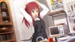  22/7 22/7_ongaku_no_jikan apron arms_up black_apron dutch_angle egg_(food) flower food game_cg glass hair_flower hair_ornament hair_tie_in_mouth highres holding holding_own_hair indoors ketchup_bottle kitchen ladle lens_flare light_particles long_hair long_sleeves looking_down microwave mouth_hold non-web_source official_art onion plate red_eyes redhead refrigerator sato_reika shirt sidelocks spoon stove straight_hair tying_hair utensil_rack white_flower white_shirt 