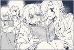  1boy 1girl aged_down alternate_universe bags_under_eyes bandage_over_one_eye bandaged_head bandages blush book braid child crying deformed dress dungeon_meshi elf green_eyes grimoire holding holding_book long_hair maaa_0211 marcille_donato mithrun monochrome multiple_views open_mouth pointy_ears sitting sitting_on_lap sitting_on_person spot_color sweatdrop time_paradox tunic twin_braids wavy_hair wide-eyed 