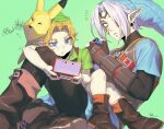  2boys blonde_hair blue_eyes boots brown_footwear dele14375735 fierce_deity green_tunic handheld_game_console highres keaton_mask leather leather_boots link multiple_boys nintendo_3ds nintendo_switch phrygian_cap playing_games the_legend_of_zelda the_legend_of_zelda:_majora&#039;s_mask young_link 