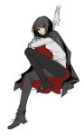  1girl black_footwear black_gloves black_hair black_pants cigarette crossed_arms g7cdpdto2i6hot6 gloves highres knee_up limbus_company looking_at_viewer ootachi pants project_moon red_eyes ryoshu_(project_moon) shoes short_hair sitting solo 
