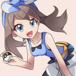  1girl :d bare_shoulders blue_bow blue_eyes blue_shirt bow brown_hair collarbone fang fanny_pack hair_bow holding holding_poke_ball looking_at_viewer may_(pokemon) open_mouth poke_ball pokemon pokemon_adventures roy_payne shirt shorts sleeveless sleeveless_shirt smile solo ultra_ball white_background 