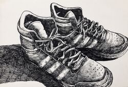  graphite_(medium) highres ibsukionsen light no_humans object_focus original realistic shadow shoelaces shoes still_life traditional_media unworn_shoes white_footwear 