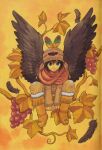  +anima 1boy 2000s_(style) arms_between_legs autumn_leaves beanie berry black_feathers black_wings boots brown_hair brown_hat brown_jacket clenched_hands closed_mouth cooro_(+anima) earflap_beanie facing_viewer falling_feathers feather_hair_ornament feathers fringe_trim full_body fur-trimmed_boots fur_trim hair_between_eyes hair_ornament hat highres invisible_chair jacket long_sleeves official_art orange_background orange_footwear orange_theme pants print_headwear red_scarf scarf short_hair sitting smile solo tan traditional_media wings yellow_pants 