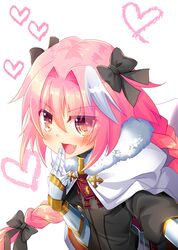  1boy akaashigame astolfo_(fate) black_bow black_sweater blush bow braid cape fang fate/apocrypha fate_(series) fur-trimmed_cape fur_trim gauntlets hair_between_eyes hair_bow hair_intakes hand_to_own_mouth heart highres long_braid long_hair male_focus multicolored_hair open_mouth orange_eyes otoko_no_ko pink_hair simple_background single_braid skin_fang solo streaked_hair sweater two-tone_hair upper_body white_background white_cape white_hair 