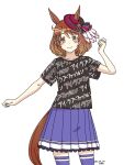  1girl animal_ears artist_name black_shirt boater_hat brown_eyes brown_hair clothes_writing cowboy_shot dated ears_through_headwear highres horse_ears horse_girl horse_tail kawashina_(momen_silicon) looking_at_viewer north_flight_(umamusume) pleated_skirt purple_skirt purple_thighhighs school_uniform shirt simple_background skirt smile solo t-shirt tail thigh-highs tilted_headwear tracen_school_uniform umamusume white_background 