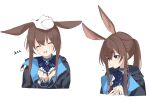  1girl :d ^_^ amiya_(arknights) animal_ears arknights black_jacket blue_choker blue_eyes brown_hair choker closed_eyes commentary_request disembodied_limb hands_up highres jacket lily0428 long_hair material_growth multiple_views open_mouth oripathy_lesion_(arknights) ponytail rabbit_ears simple_background smile white_background 