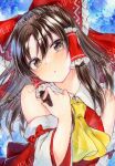  1girl alto2019 ascot bare_shoulders black_hair blue_background blush bow commentary detached_sleeves hair_bow hair_tubes hakurei_reimu looking_at_viewer medium_hair red_bow sample_watermark sidelocks solo touhou traditional_media upper_body watermark yellow_ascot 