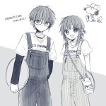  1boy 1girl anzu_(o6v6o) bag glasses gumi gumiya holding holding_tray layered_sleeves long_sleeves monochrome open_mouth overalls peanuts_(comic) short_hair short_over_long_sleeves short_sleeves shoulder_bag smile snoopy translation_request tray vocaloid woodstock 