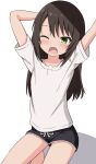  1girl arm_behind_head arms_up barefoot black_hair black_shorts blush commentary_request green_eyes highres long_hair one_eye_closed open_mouth original saliva shadow shirt short_sleeves shorts simple_background solo squatting takasuma_hiro white_background white_shirt 