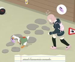  1girl animalization ball bird black_jacket black_thighhighs blunt_bangs brown_skirt crossover danganronpa_(series) danganronpa_2:_goodbye_despair english_text flying_sweatdrops galaga goose green_jacket jacket kmnm_1403 komaeda_nagito medium_hair monokuma mouth_hold nanami_chiaki pink_bag pink_footwear shoes skirt thigh-highs untitled_goose_game zettai_ryouiki 