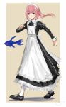  1girl alternate_costume apron black_dress black_footwear blue_eyes blush border closed_mouth dress enmaided fish floating_hair full_body highres isshiki_(ffmania7) juliet_sleeves kaf_(kamitsubaki_studio) kamitsubaki_studio laplace_(kamitsubaki_studio) long_dress long_hair long_sleeves looking_at_viewer maid maid_apron maid_headdress mary_janes multicolored_eyes pantyhose pink_hair ponytail puffy_sleeves red_eyes shoes signature simple_background sleeve_cuffs smile solo v-shaped_eyebrows virtual_youtuber walking white_apron white_border white_pantyhose yellow_background yellow_pupils 