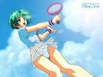  1girl aqua_hair blue_eyes copyright_name day dripping feet_out_of_frame findlove frilled_panties frills holding holding_racket lens_flare miniskirt motion_blur non-web_source official_art open_mouth outdoors panties photoshop_(medium) pleated_skirt racket shirt_tucked_in short_hair short_sleeves skirt sky solo sweat takanashi_naoko teeth tennis tennis_racket underwear upper_teeth_only white_panties white_skirt wristband 