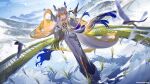  1girl absurdres arknights artist_name bird blue_sky chinese_commentary clouds cloudy_sky commentary_request dou_(doudouzi) dragon_girl dragon_horns dragon_tail highres horns looking_at_viewer multicolored_hair outstretched_arm rice shu_(arknights) sky tail terrace water 