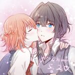  2girls asanagi_yori black_hair black_sweater_vest blue_eyes blush bow bowtie character_name chinese_commentary closed_eyes collared_shirt commentary_request cyfrost half_updo highres holding_own_arm kino_himari kiss kissing_cheek long_hair multiple_girls orange_hair parted_lips pink_background red_bow red_bowtie sasayaku_you_ni_koi_wo_utau shirt sweater_vest upper_body white_shirt yuri 